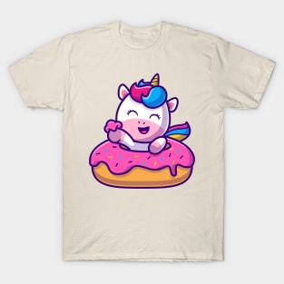 Cute Unicorn Eating Doughnut Cartoon T-Shirt